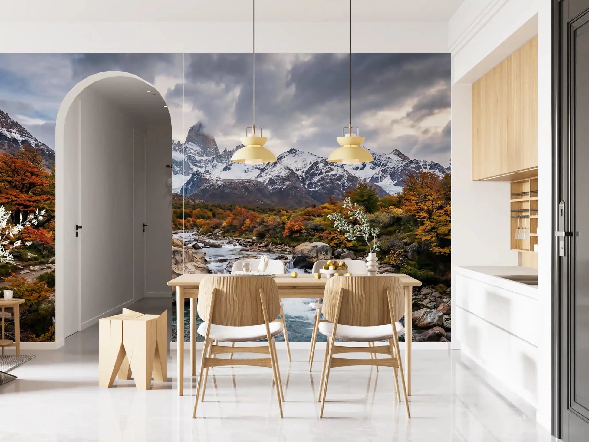 Dining room by Fitz Roy Autumn River nature wall mural.GD9464
