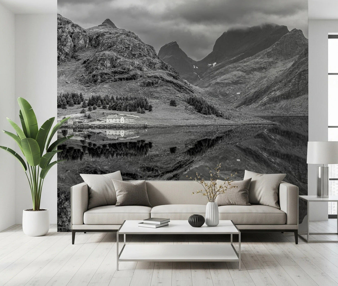 Living room with Fjord Beauty Wall Mural and mirrored mountain reflection