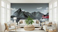 Selective color Fjord Home wallpaper mural with black and white mountain backdrop., GD6714