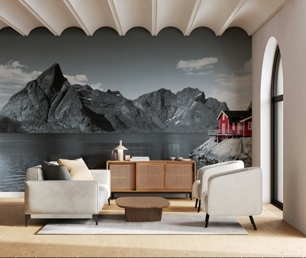 Fjord Home Wall Mural featuring bright red cabin on grey rocky coast., GD6714