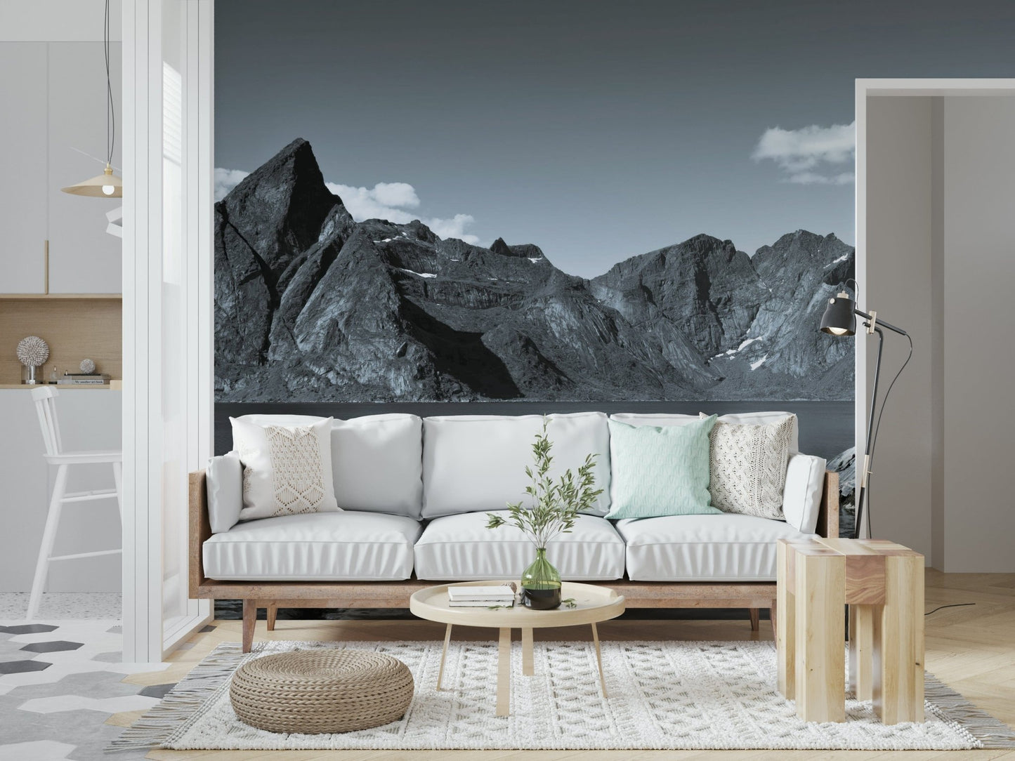 Fjord Home peel and stick wallpaper showing traditional coastal dwelling., GD6714