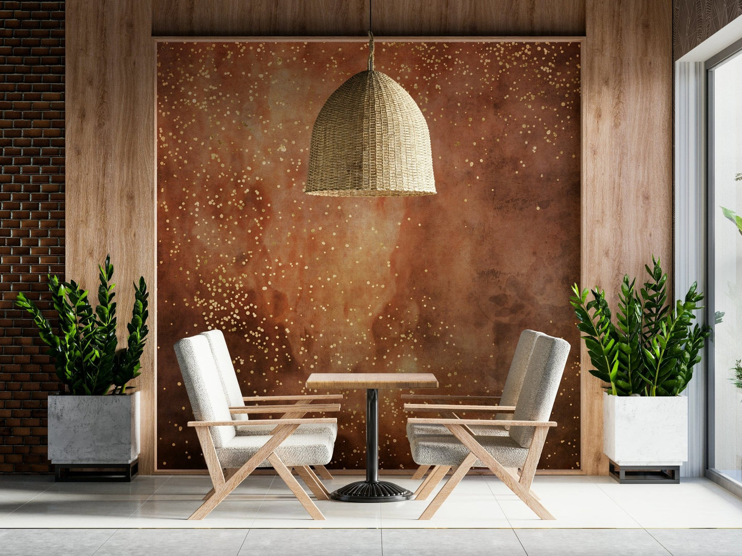 A peaceful modern abstract mural on decorative wallpaper.
