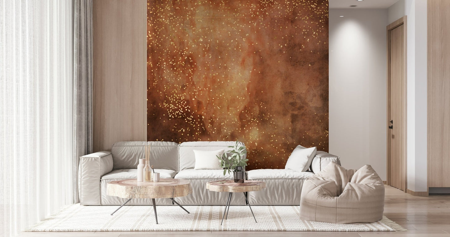A beautiful abstract cosmic wallpaper mural with fiery, warm galaxy tones.