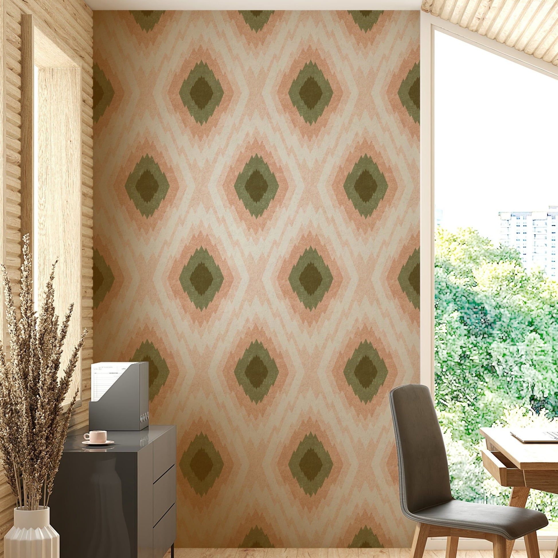 Features a distinctive flame stitch or Bargello pattern, characterized by jagged, zigzag lines.

