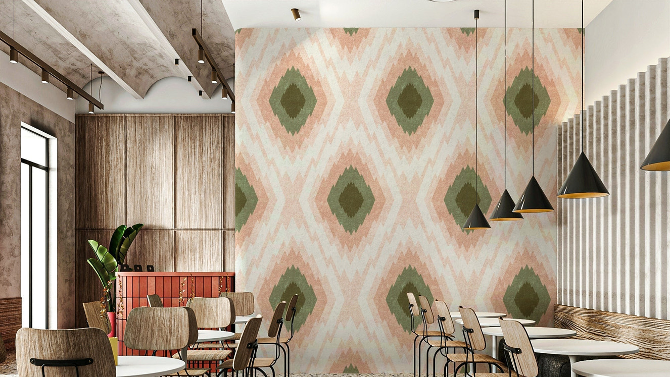 The color palette is composed of lively pinks and various shades of green.
