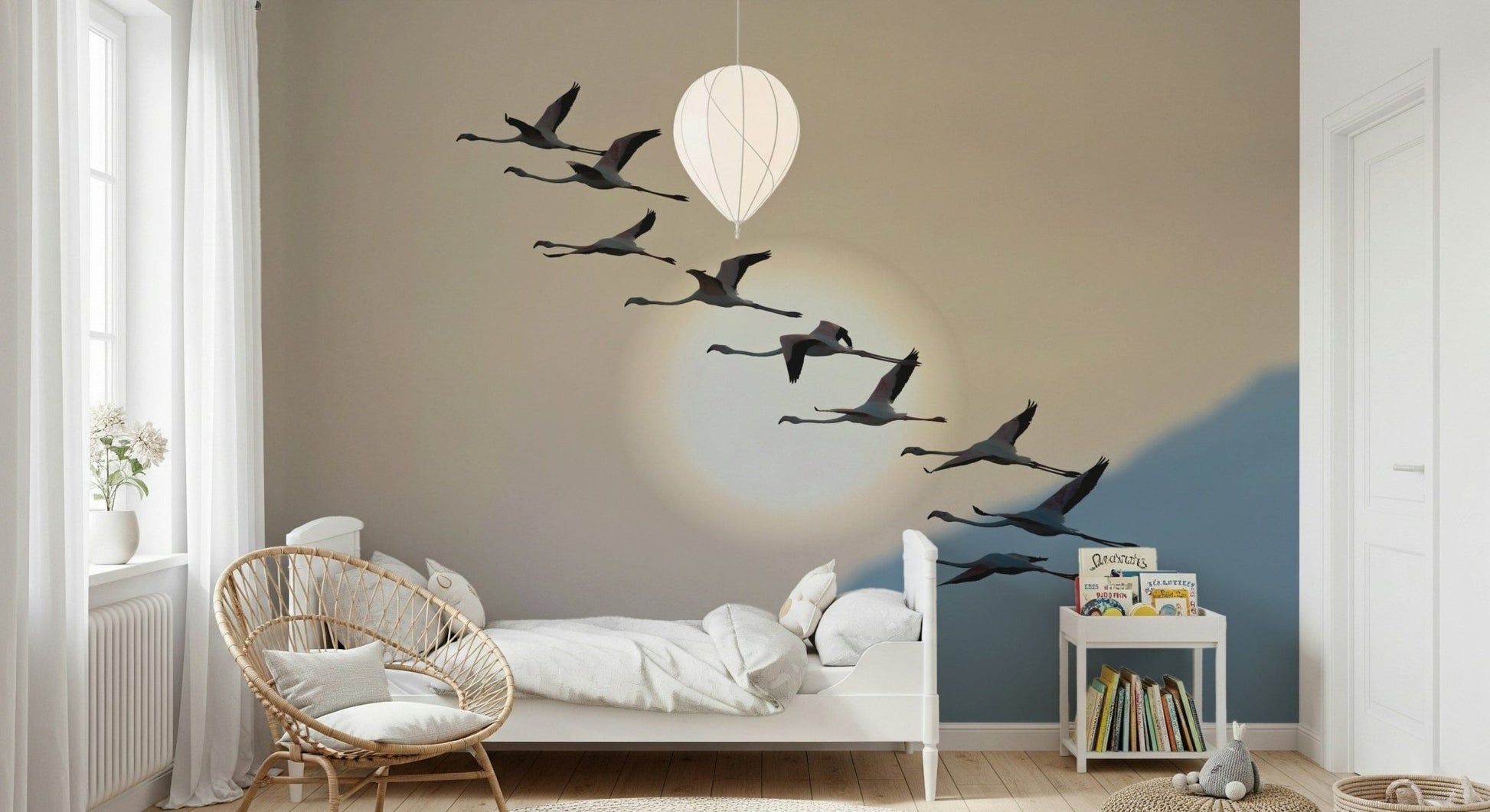 A calming abstract design wallpaper mural that defines a space.