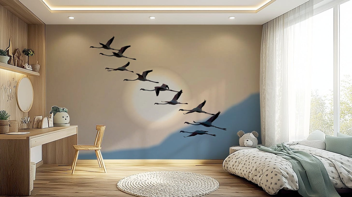 An artistic soft focus aviary mural on minimalist wallpaper.