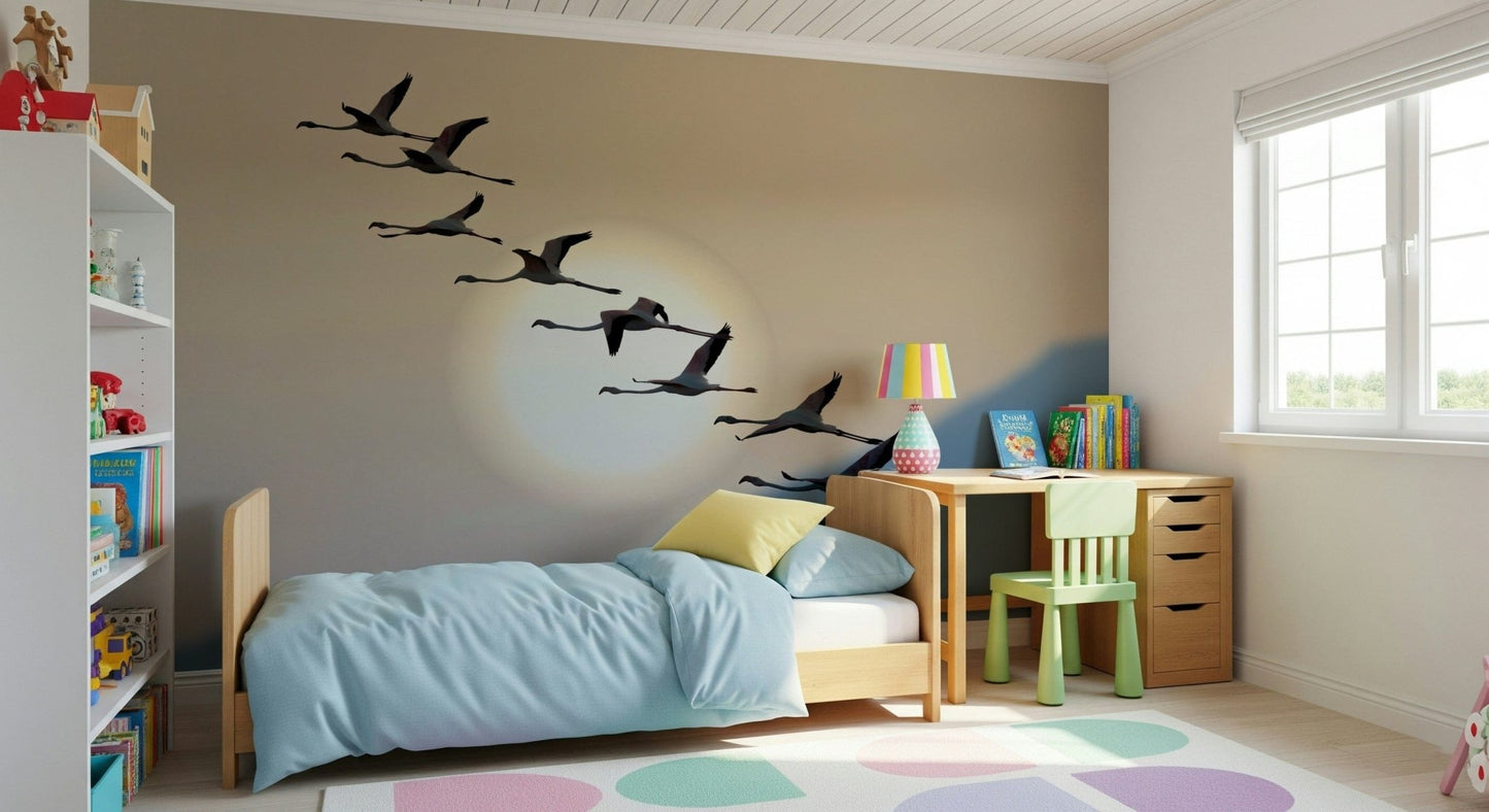 A peaceful modern abstract mural on decorative wallpaper.