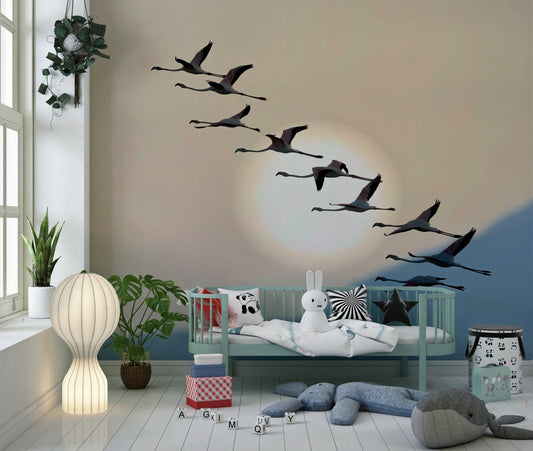 A beautiful flamingo flight wallpaper mural at dusk with vibrant pinks.