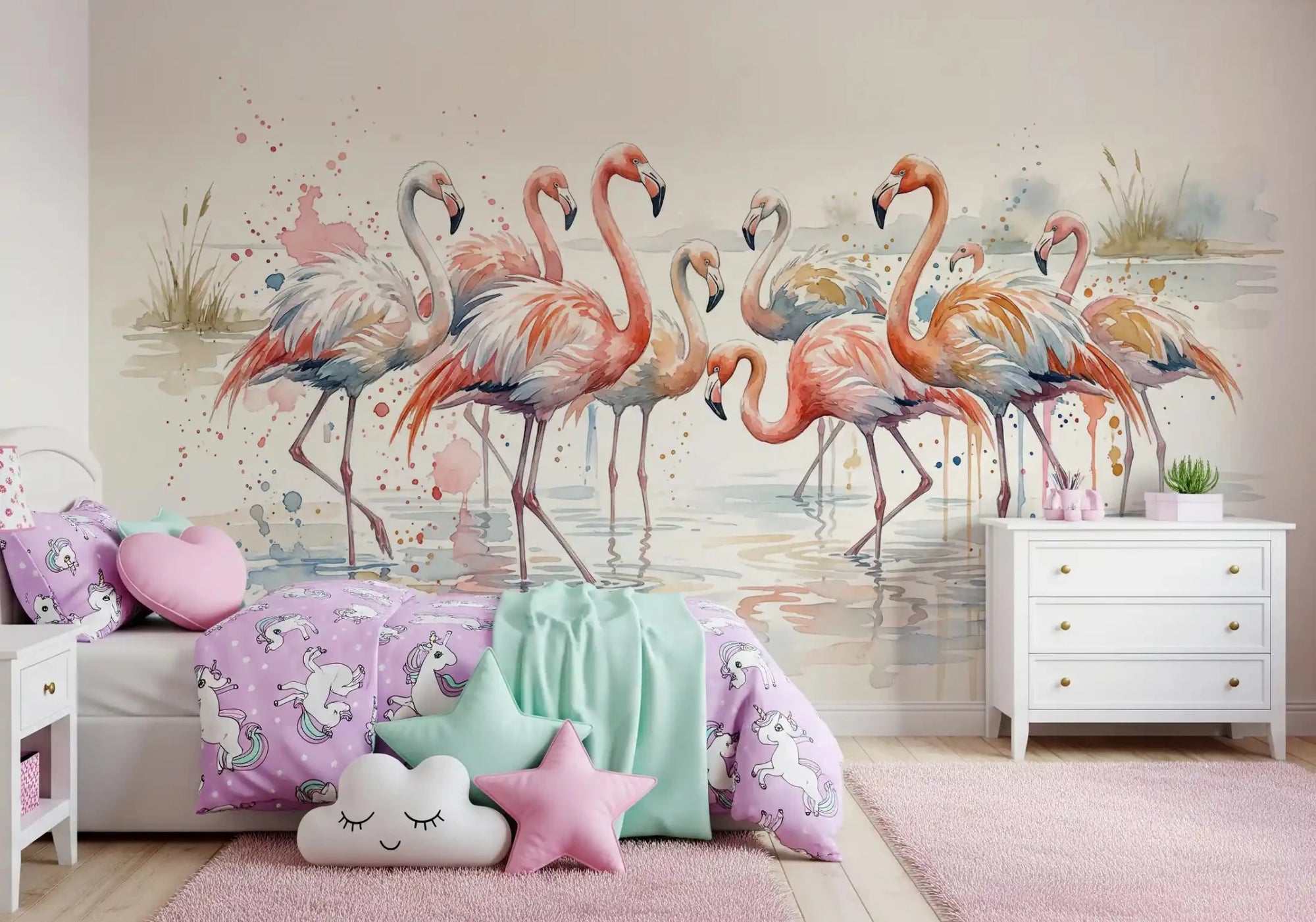 Flamingo Splash Watercolor Wall Mural in a child's nursery room., GD8983