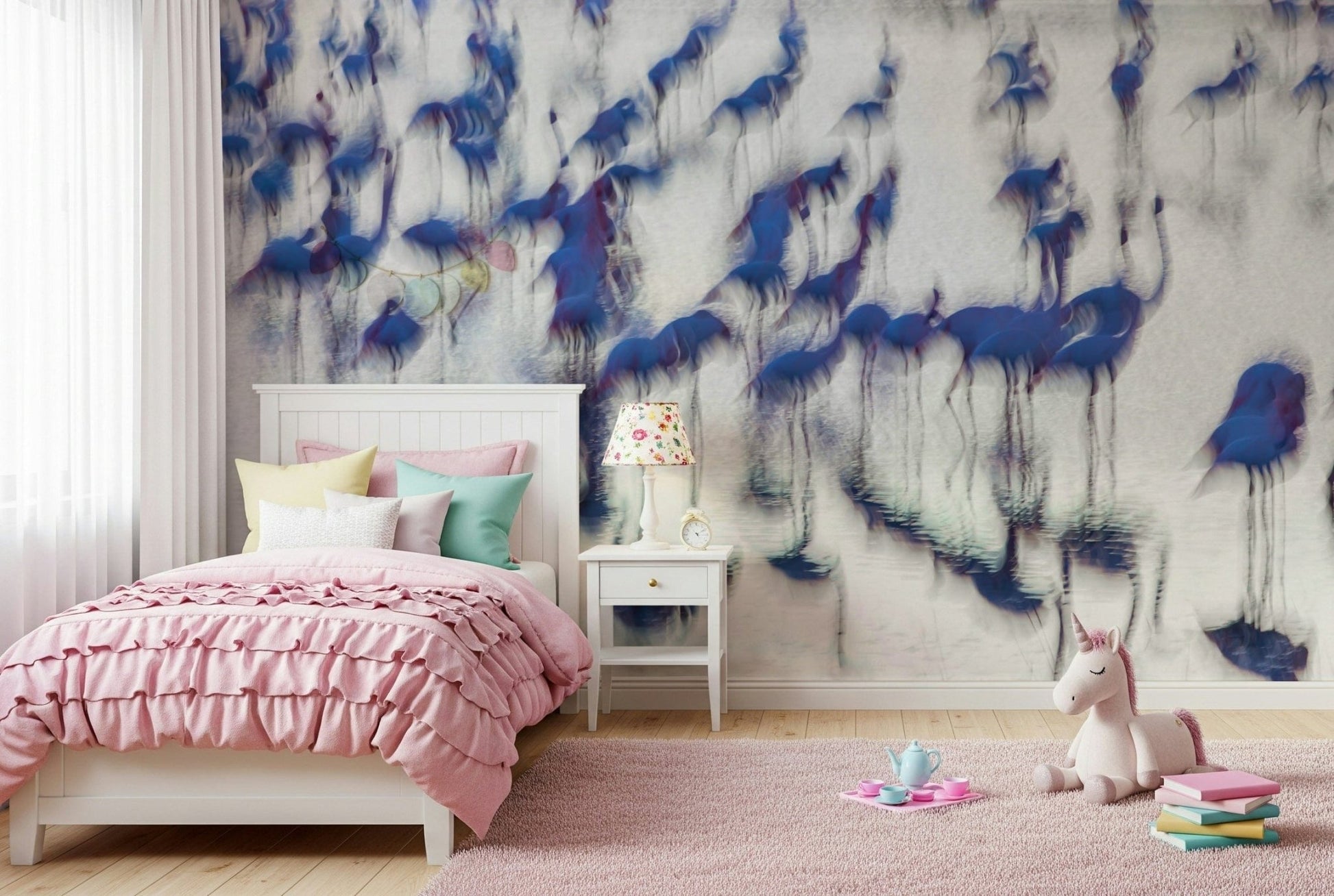 A beautiful pink flamingo wallpaper mural with a subtle, dreamy mirage effect., GD5859
