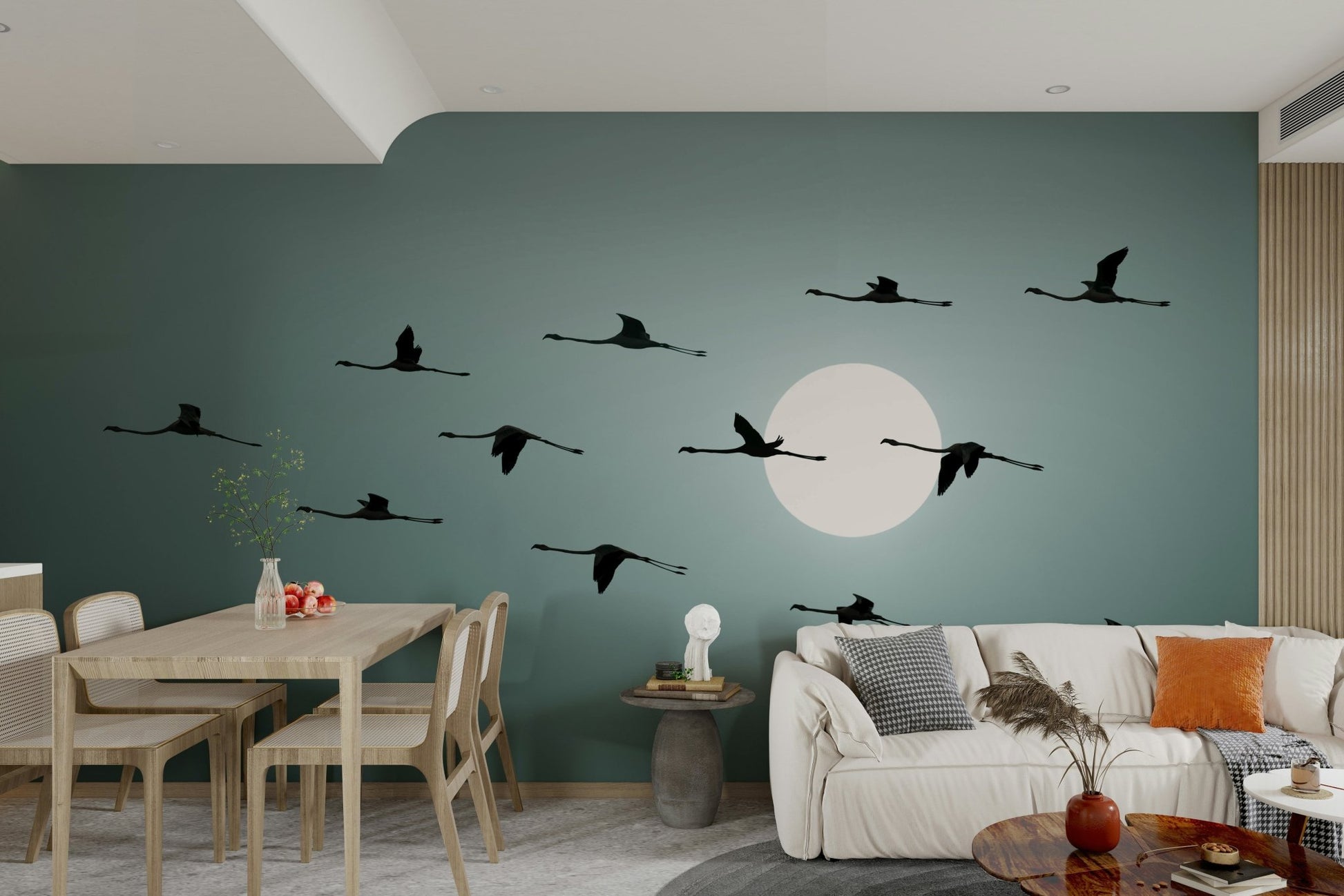 The image shows a flock of flamingos in flight, silhouetted against a large, bright circle representing the sun. GD3480

