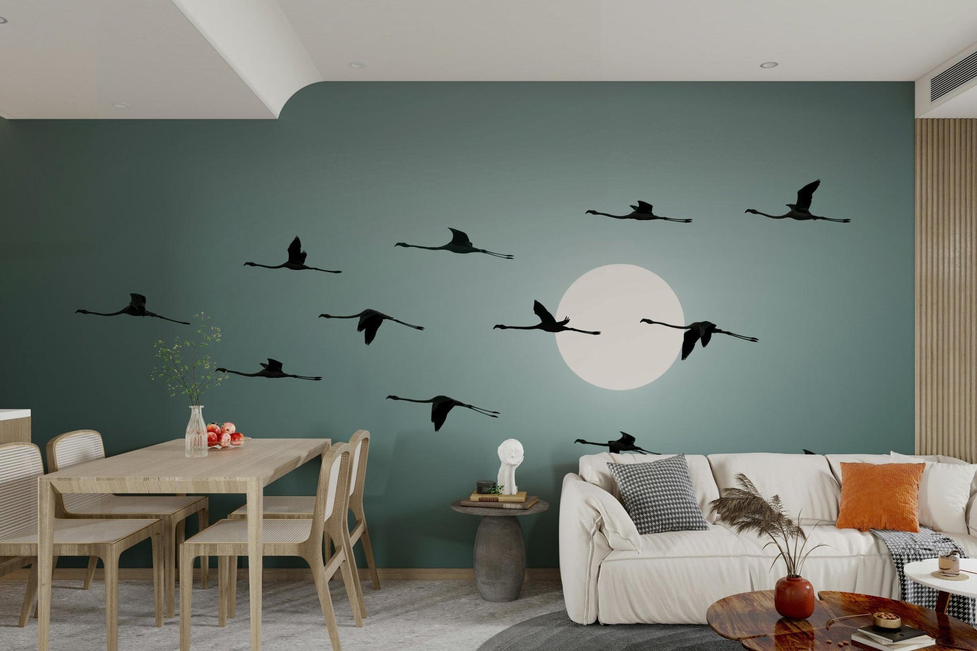 The image shows a flock of flamingos in flight, silhouetted against a large, bright circle representing the sun. GD3480

