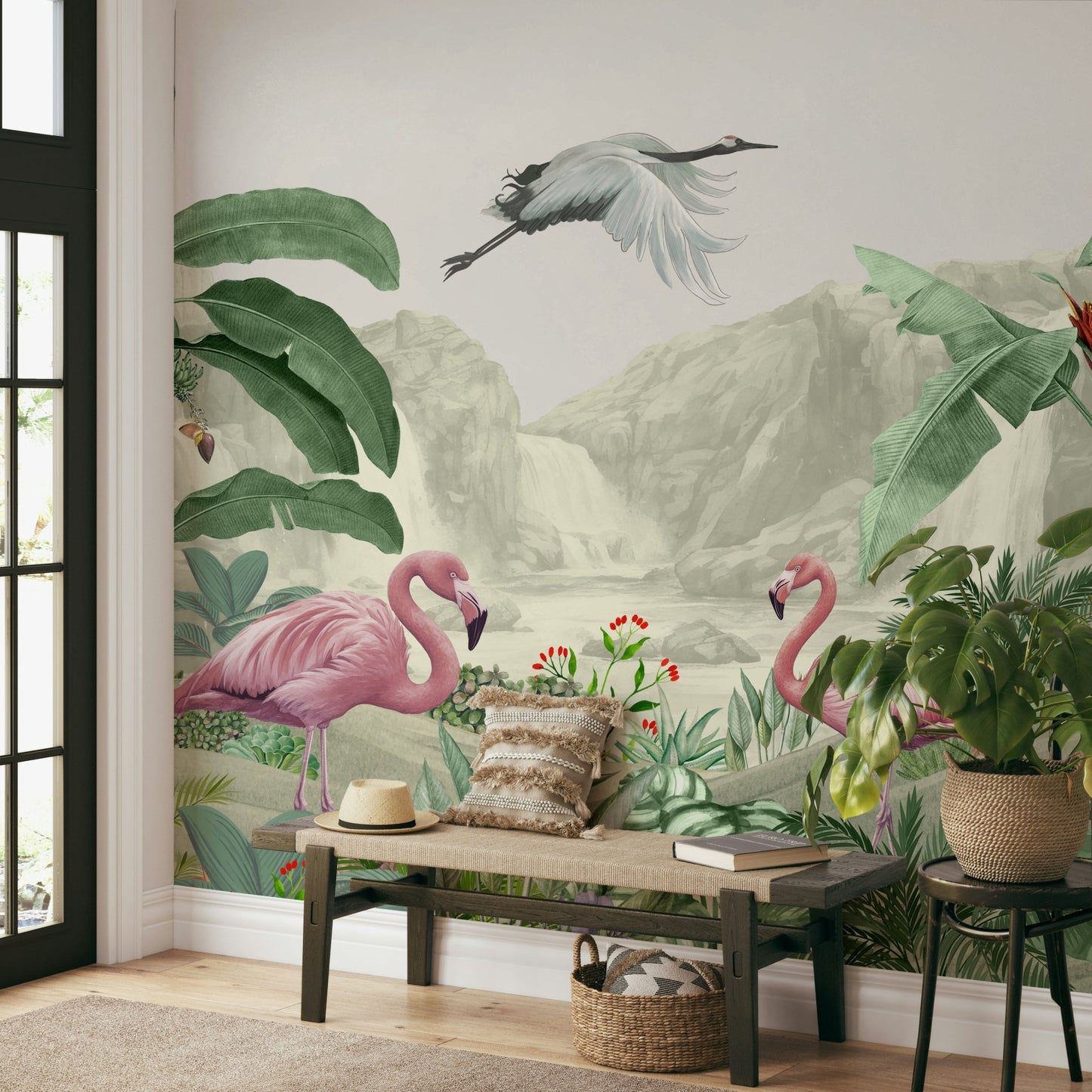 The waterfall cascades into a calm pool of water.
