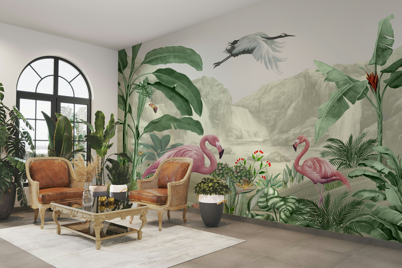 A full-wall mural of a serene jungle or paradise scene.
