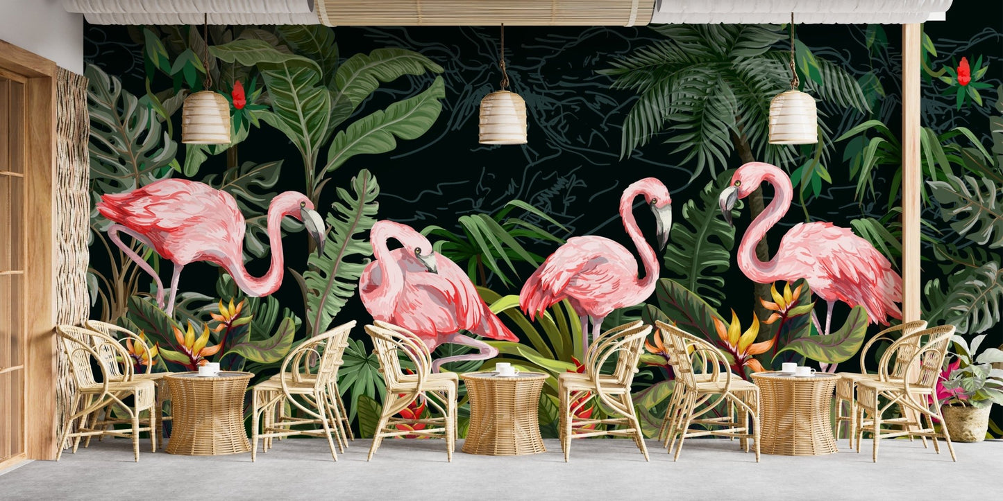 Stylish Flamingos in a Wild Forest Wallpaper A599