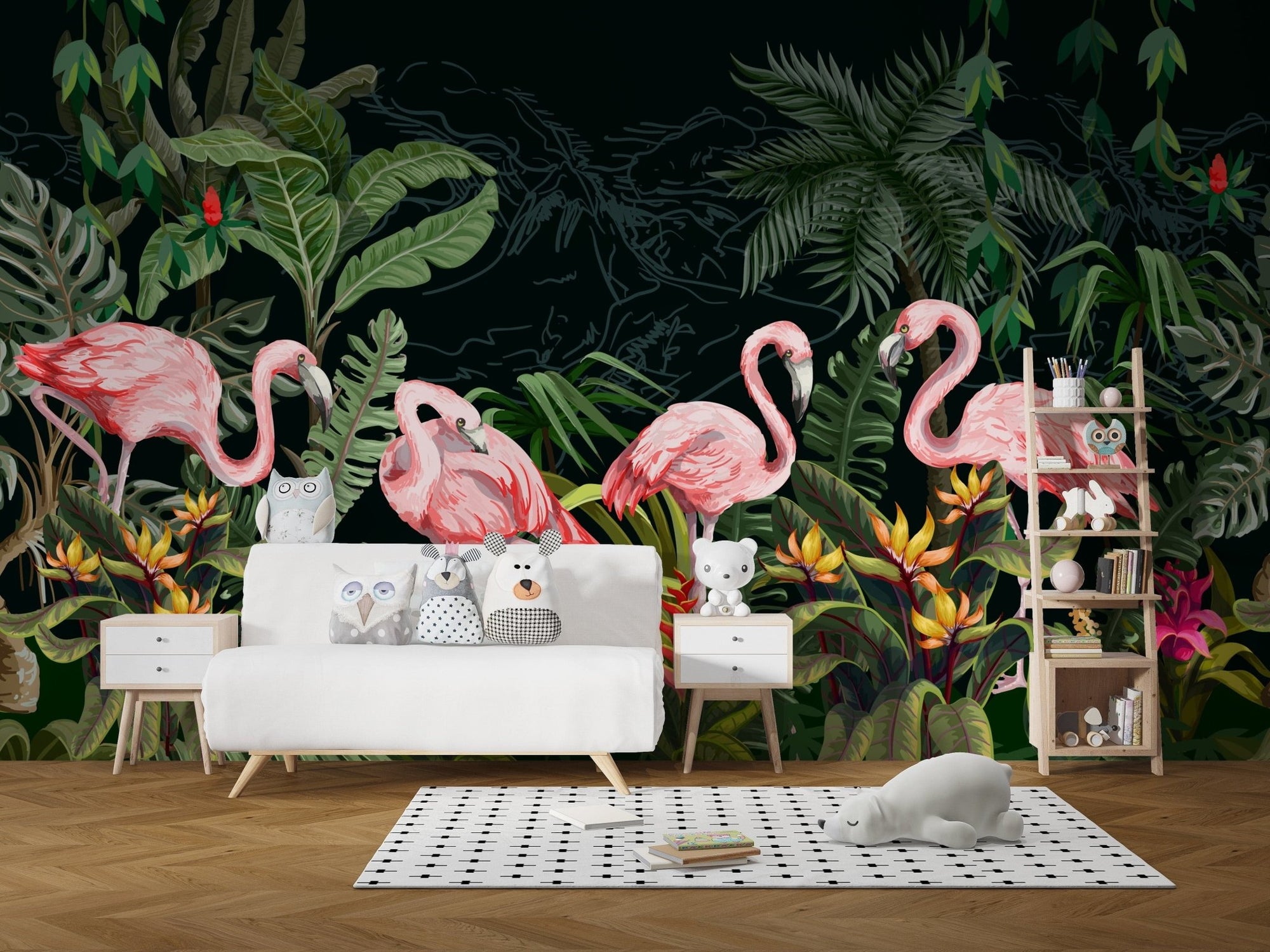 Enchanting Flamingos in Dark Forest Wallpaper A599