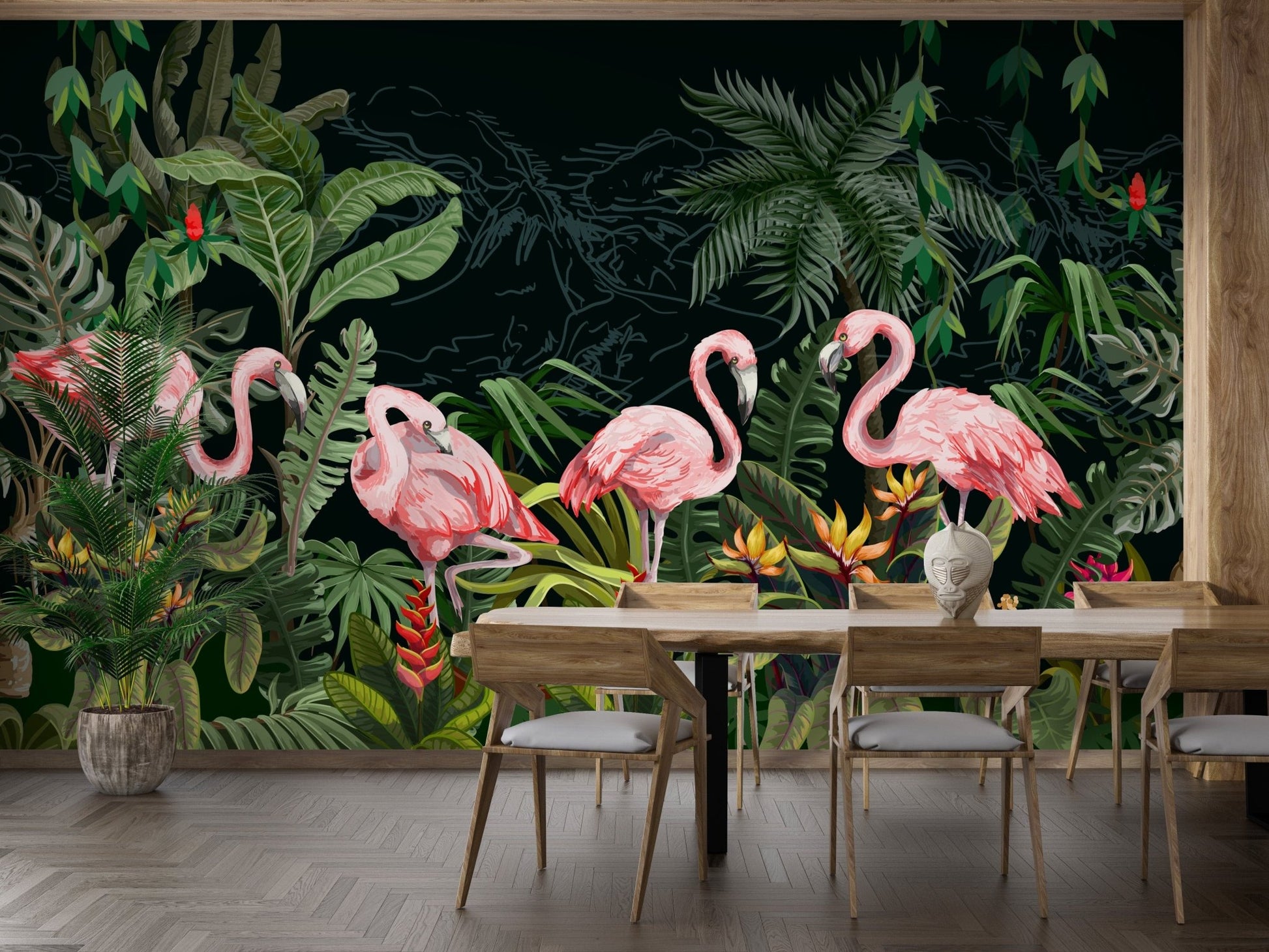 Flamingo Wallpaper with Dark Forest Backdrop A599