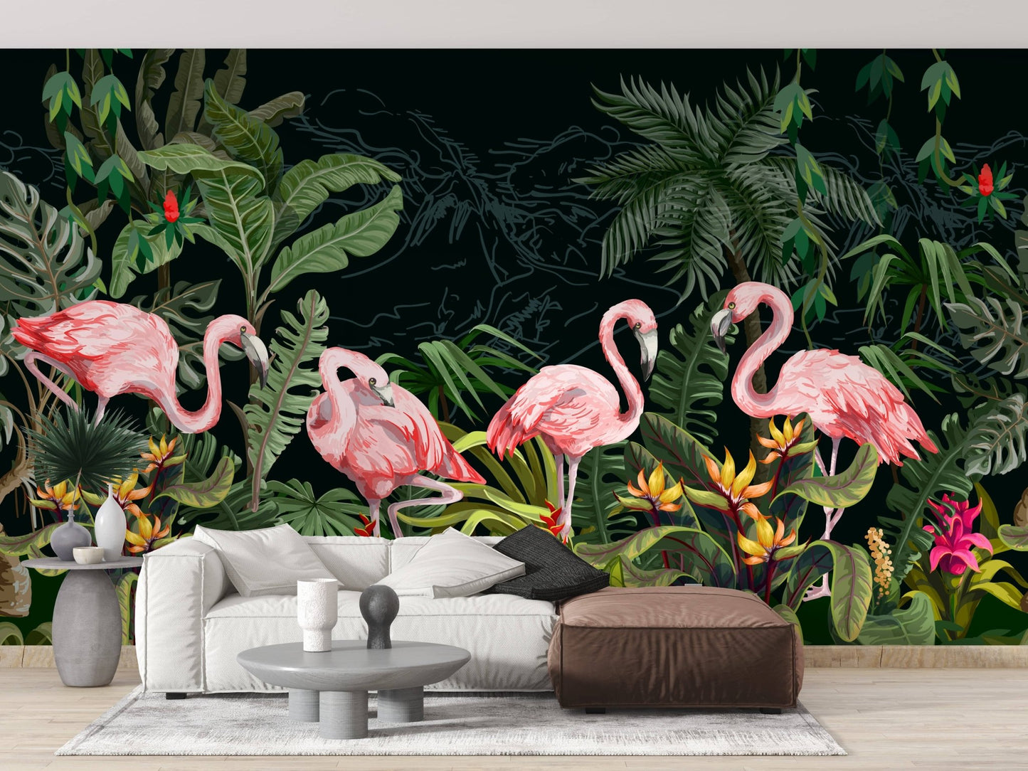 Elegant Dark Forest Flamingo Wall Mural for Living Room A599