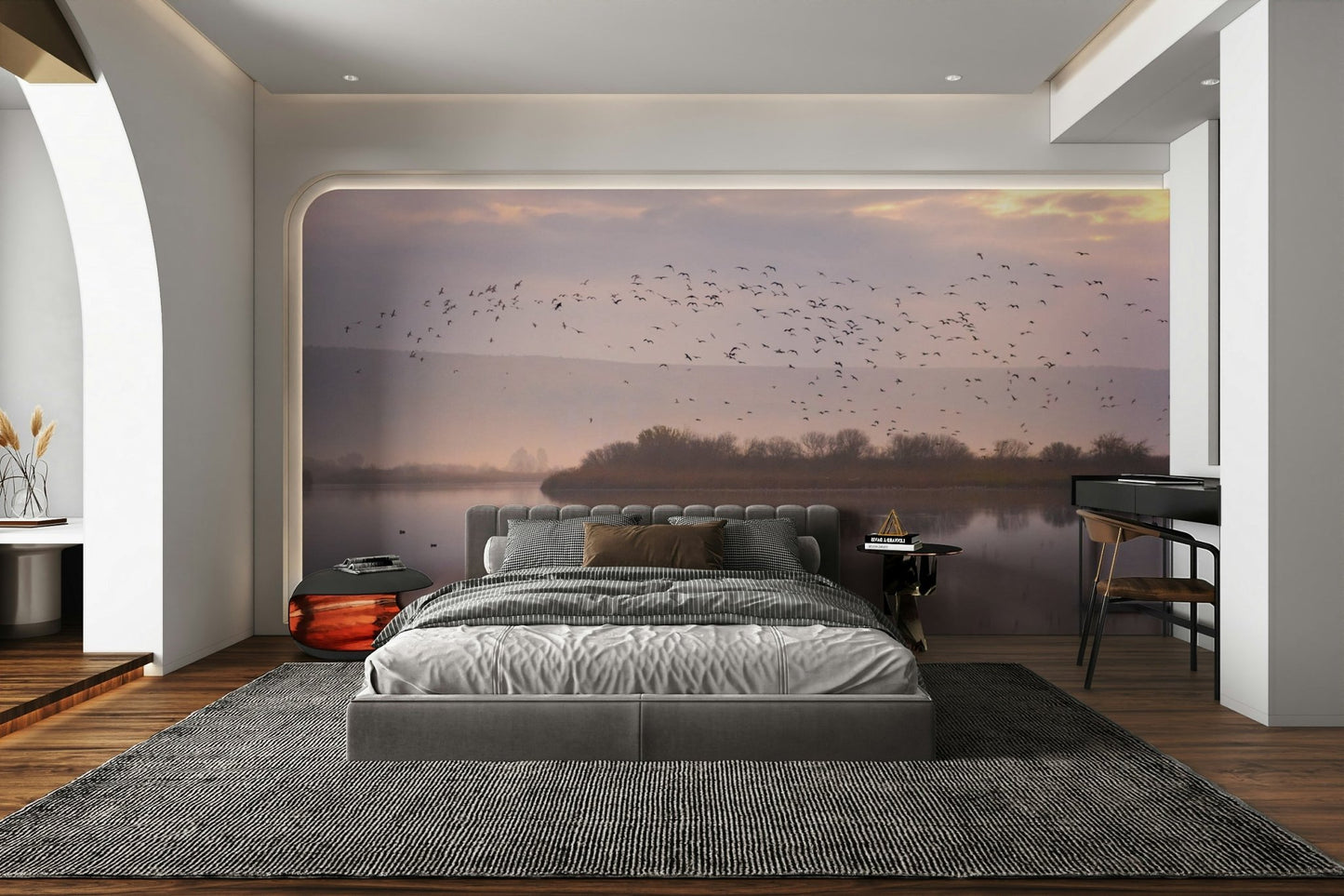 Flock of birds at sunset wall art

