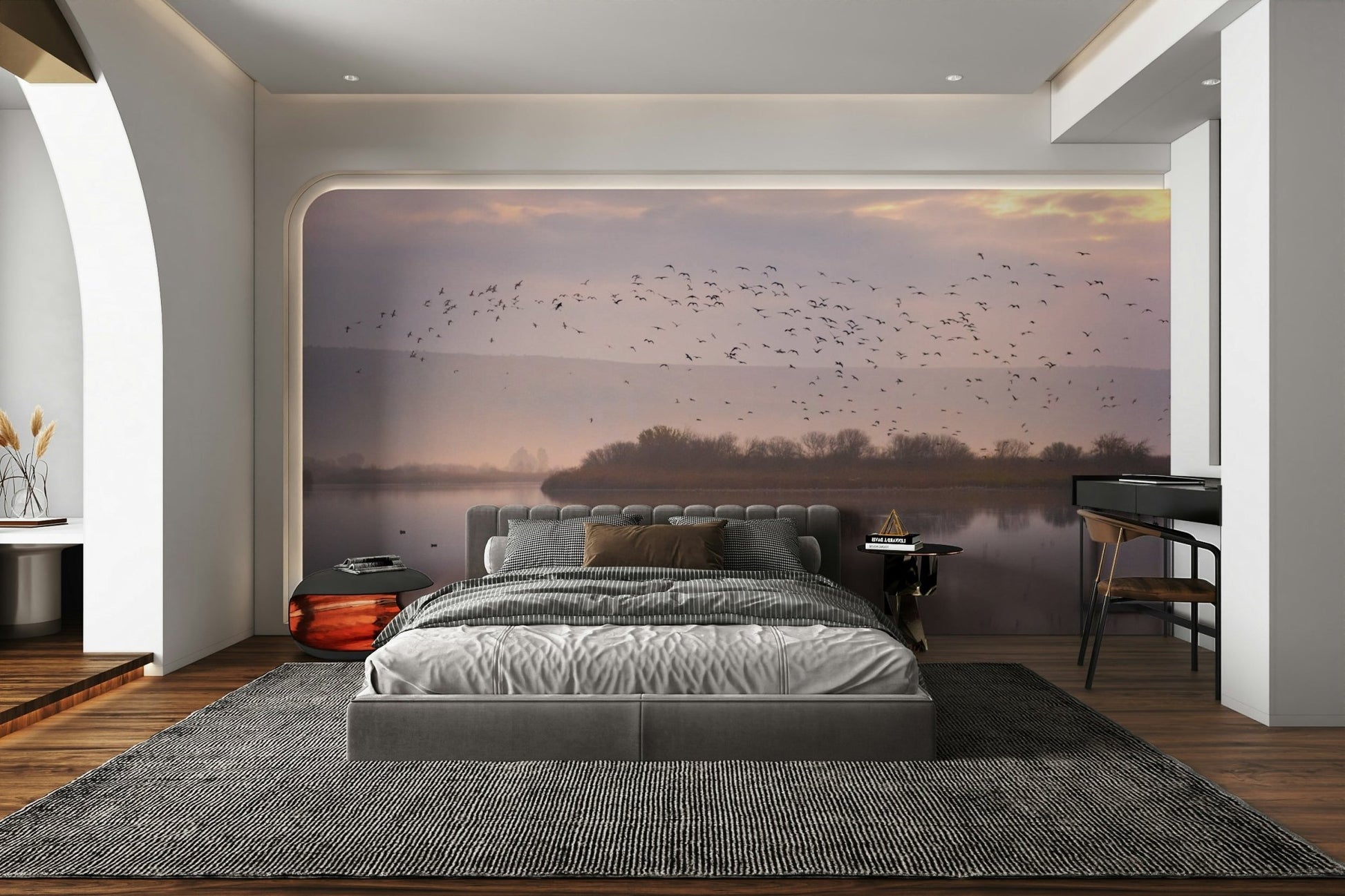 Flock of birds at sunset wall art
