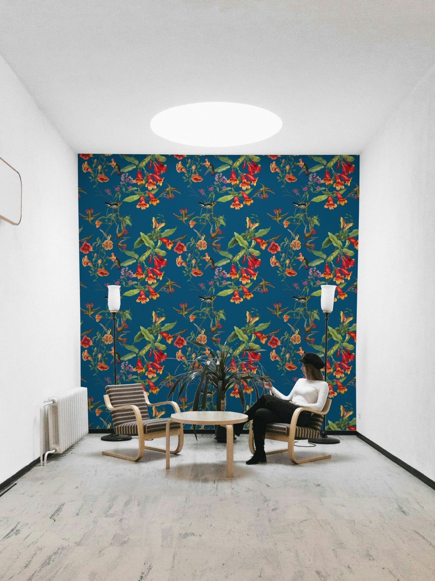 A beautiful botanical wallpaper mural with flying birds.

