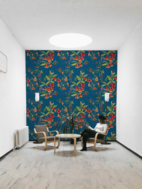 A beautiful botanical wallpaper mural with flying birds., GD5118