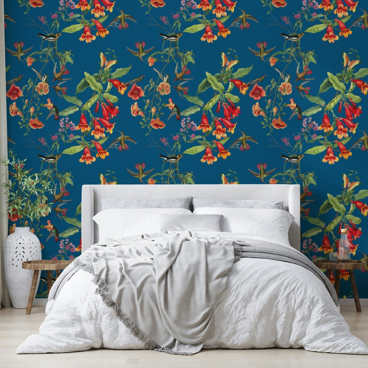 A calming floral design wallpaper mural that defines a space.

