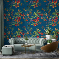 A beautiful wide-angle wall mural of flowers and birds.

