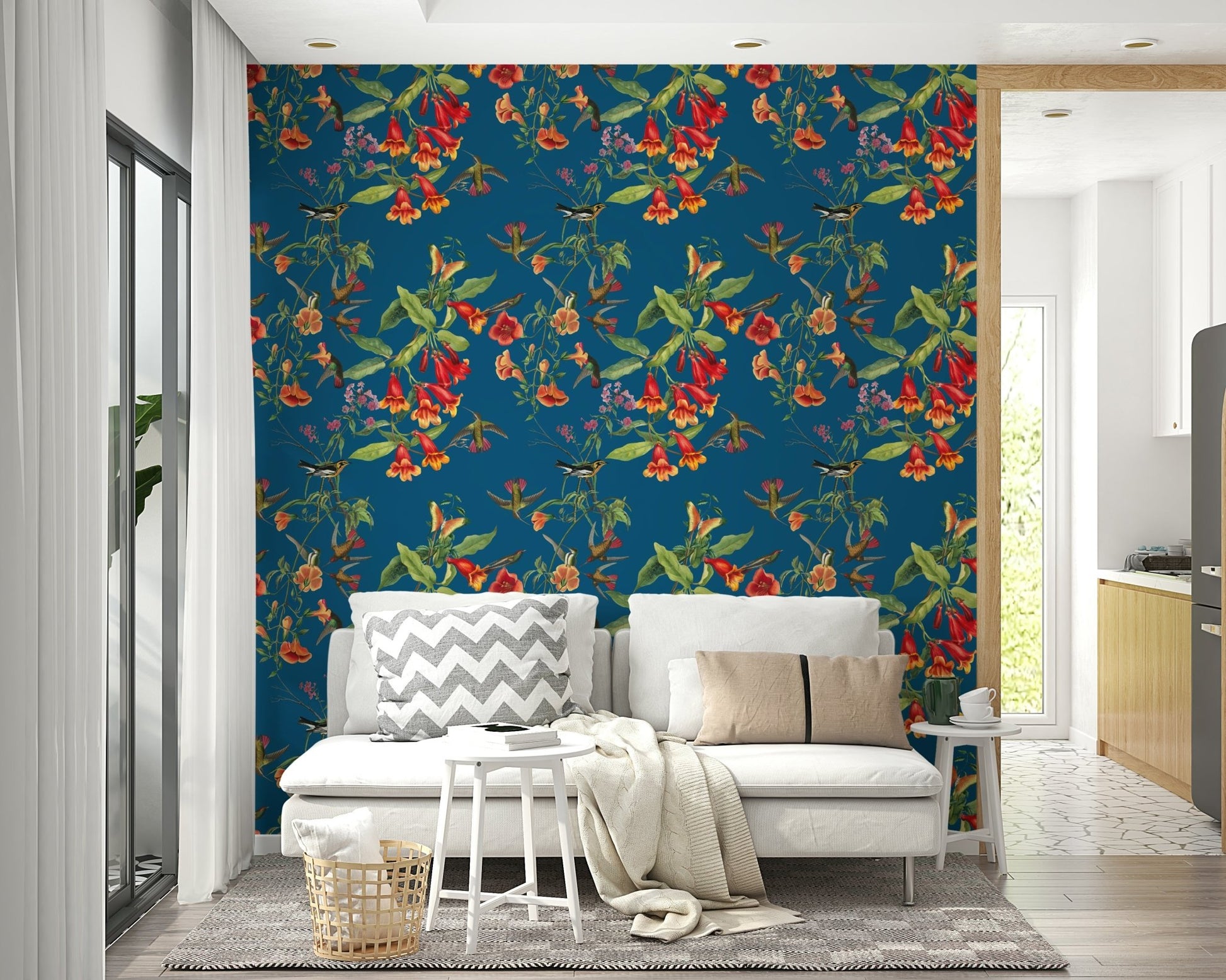 A serene floral and bird wall mural for your decor.

