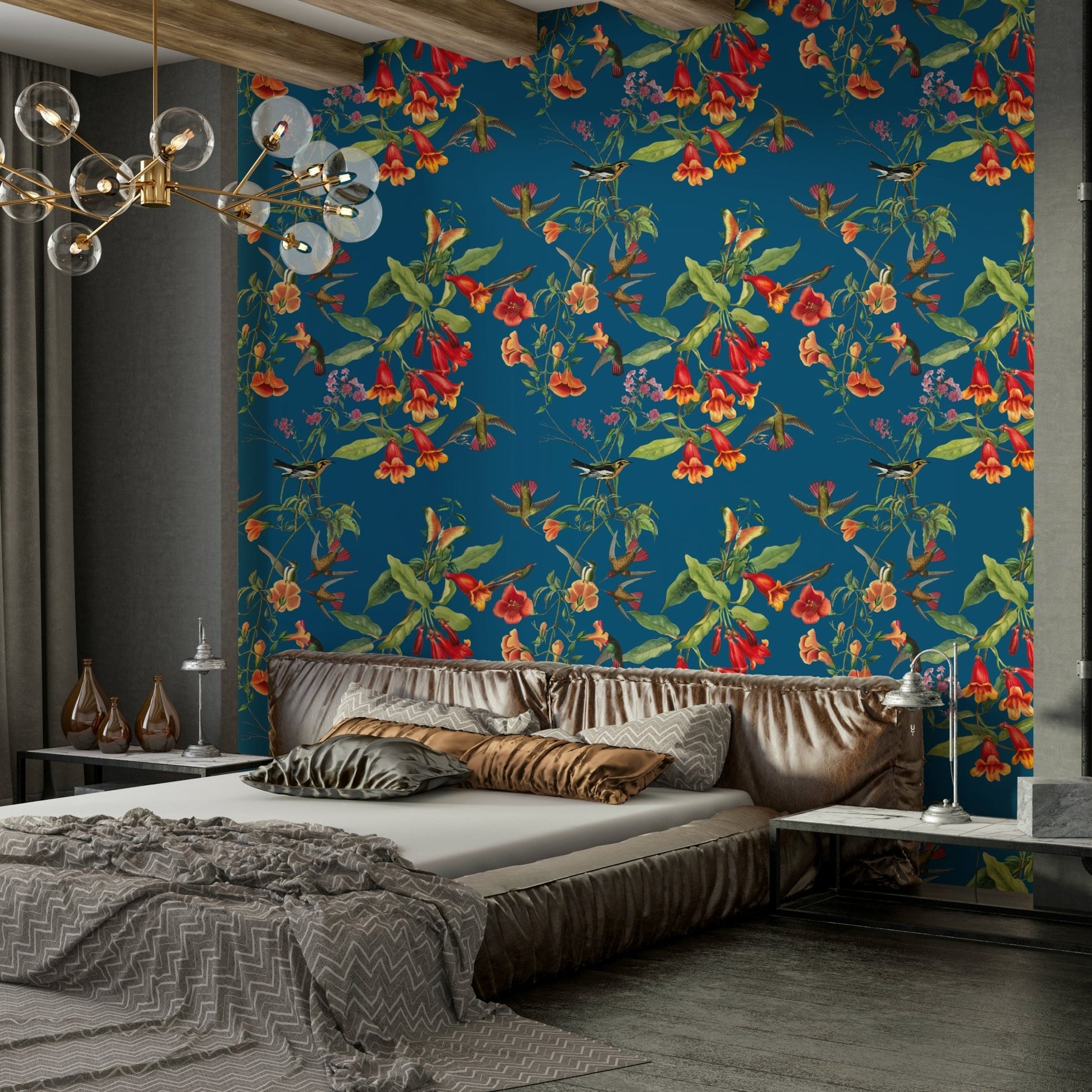 A contemplative bird pattern wallpaper mural for a feature wall.

