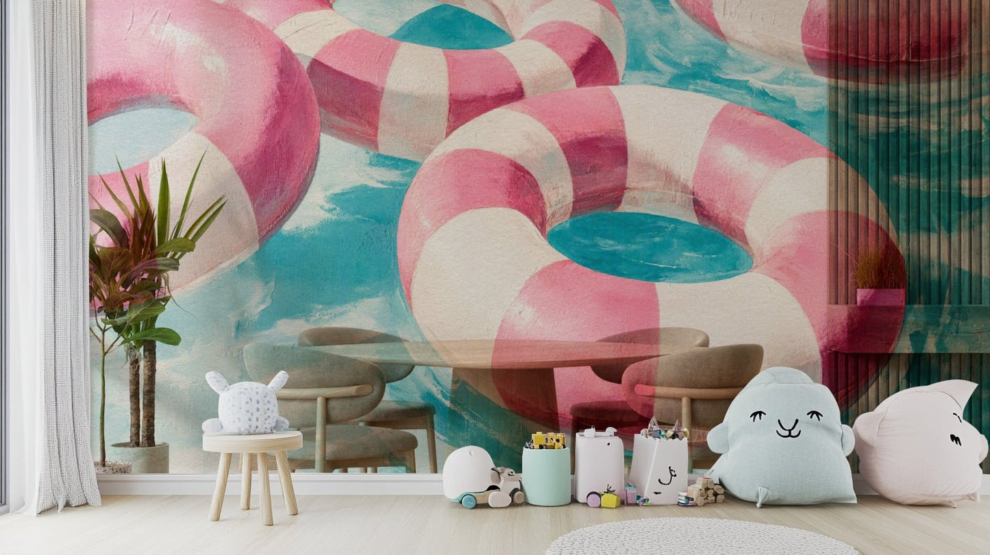 Peaceful meditation space with calming abstract mural

