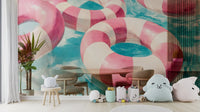 Peaceful meditation space with calming abstract mural

