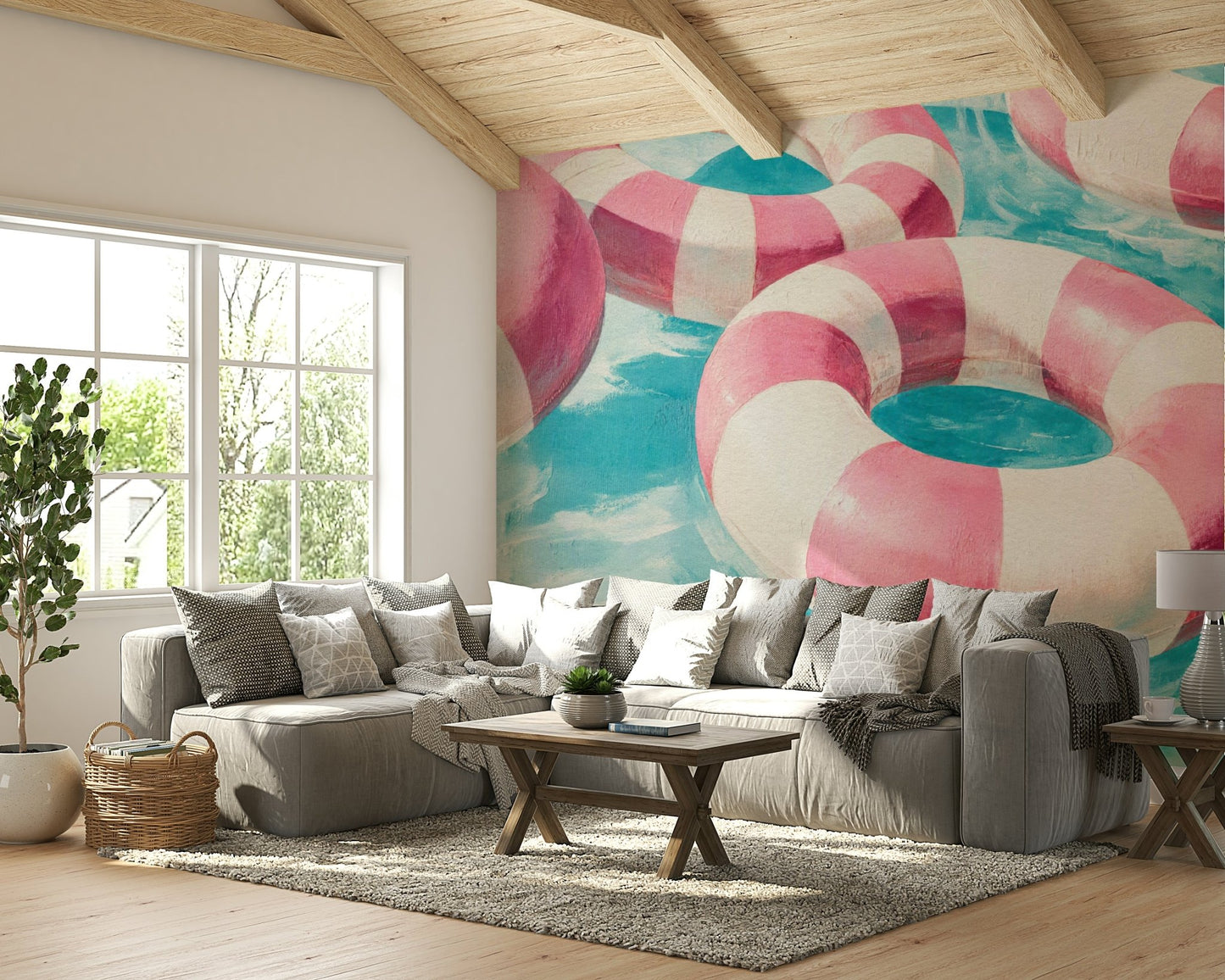 Abstract pastel shapes in soothing wall composition


