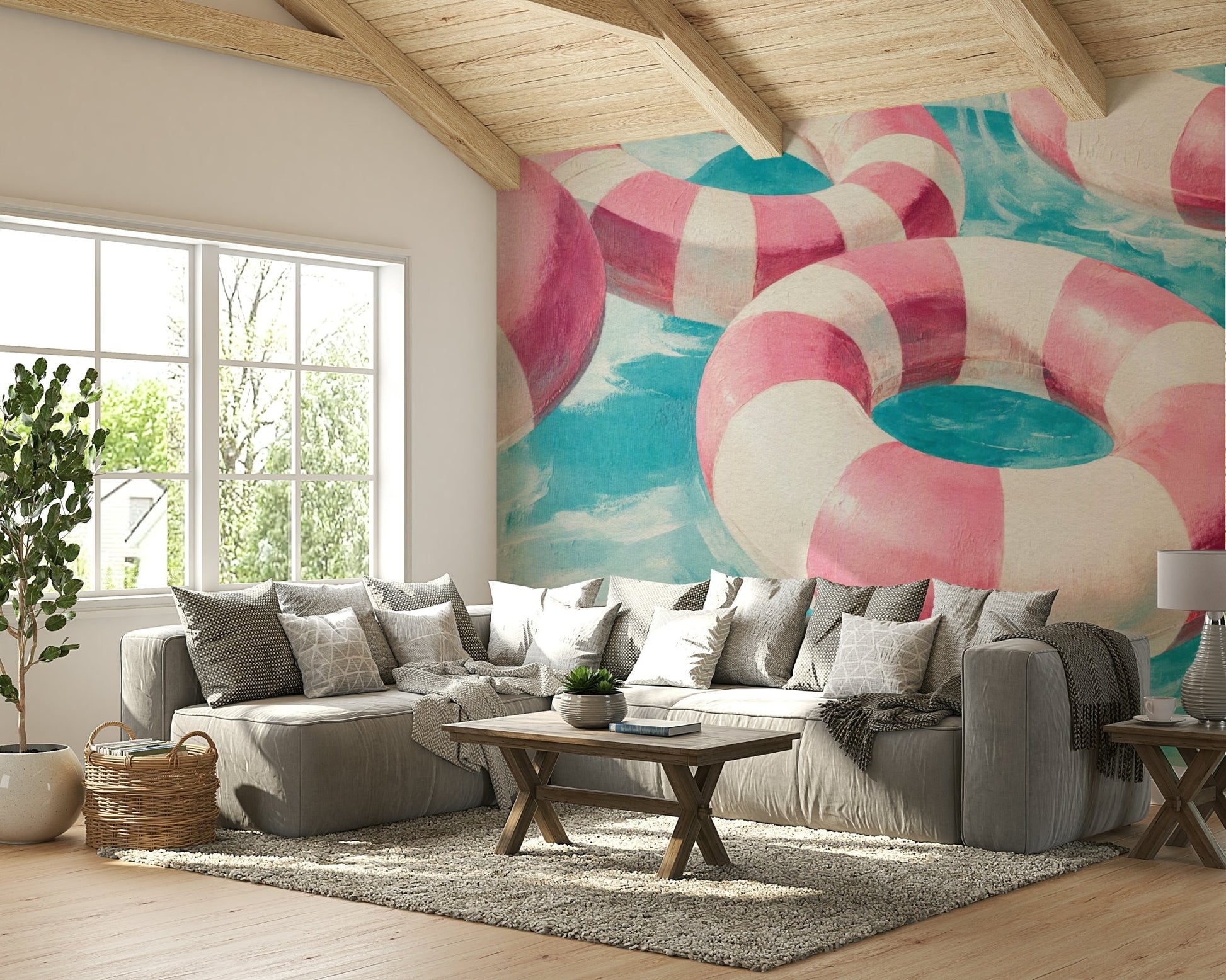 Abstract pastel shapes in soothing wall composition

