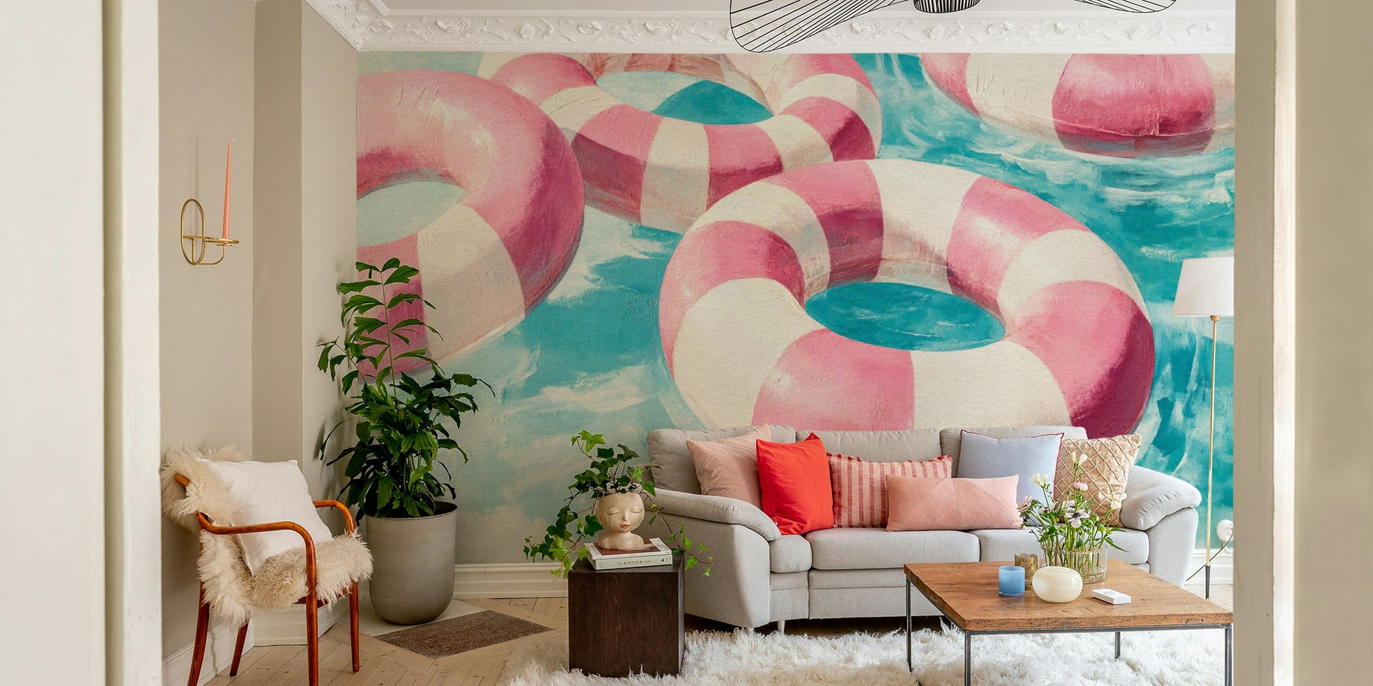Close-up of soft neutral tones in floating mural design

