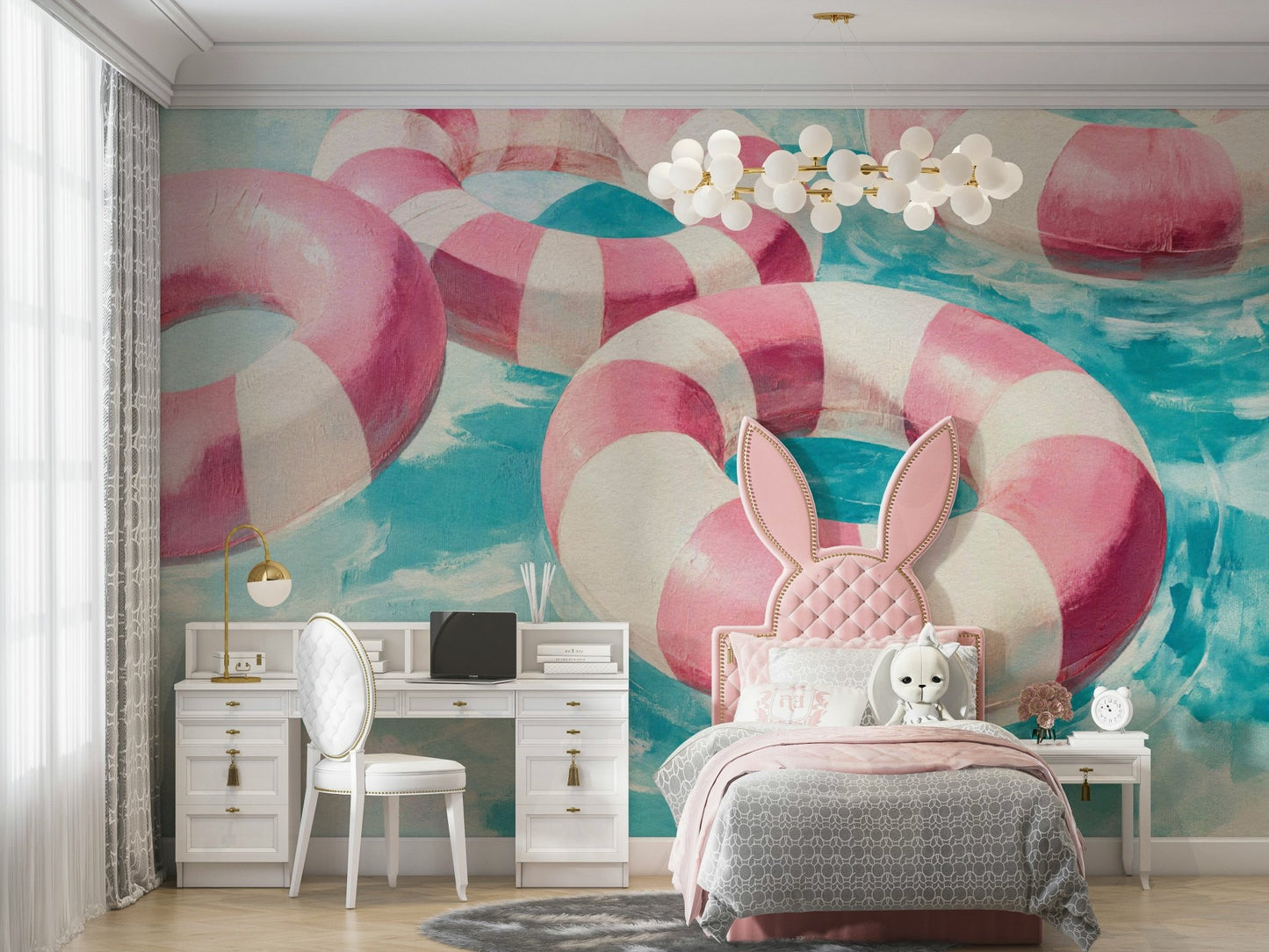 Floating into Relaxation mural in minimalist interior

