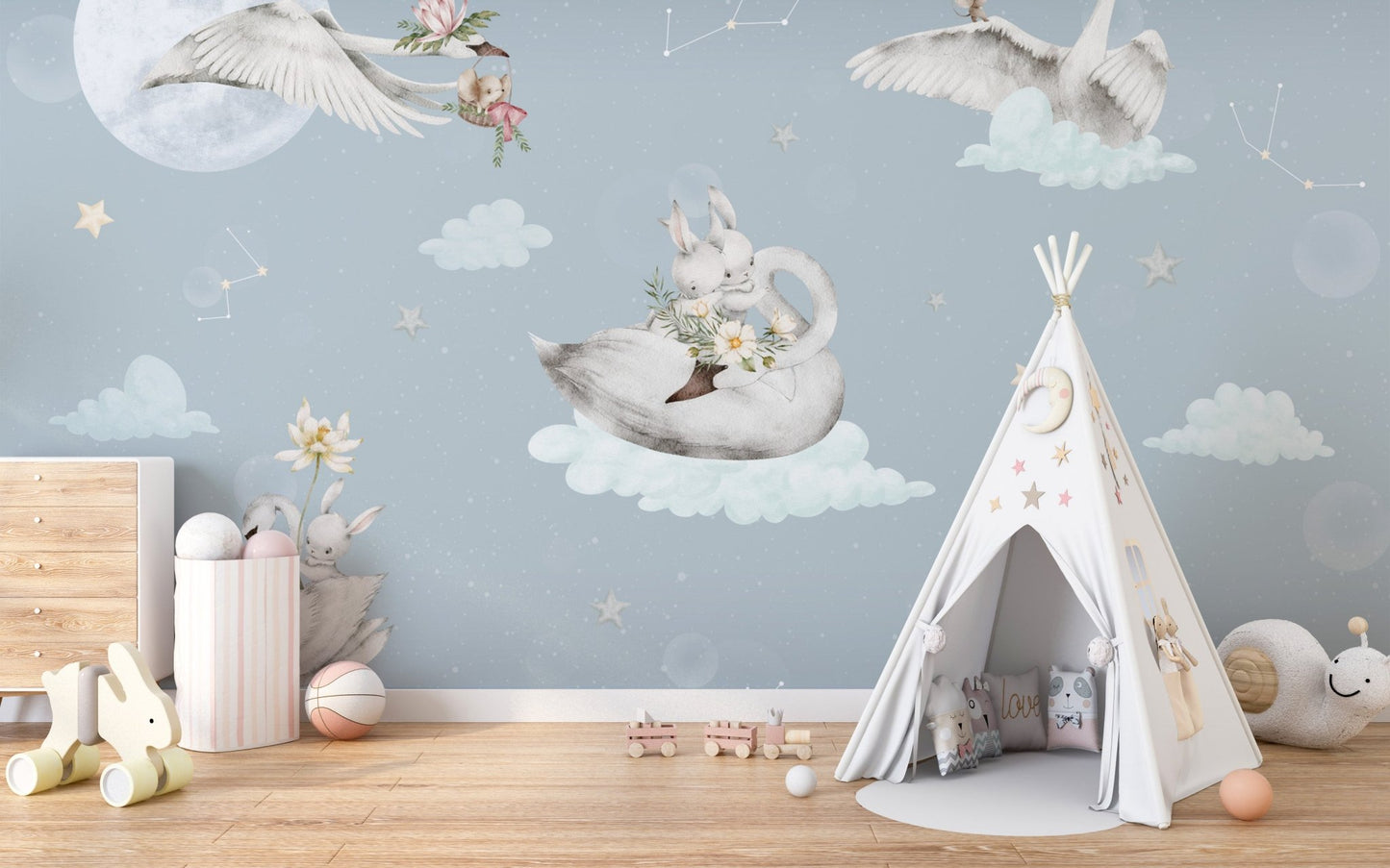 Dreamy swans and bunnies wall mural
