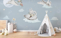 Dreamy swans and bunnies wall mural
