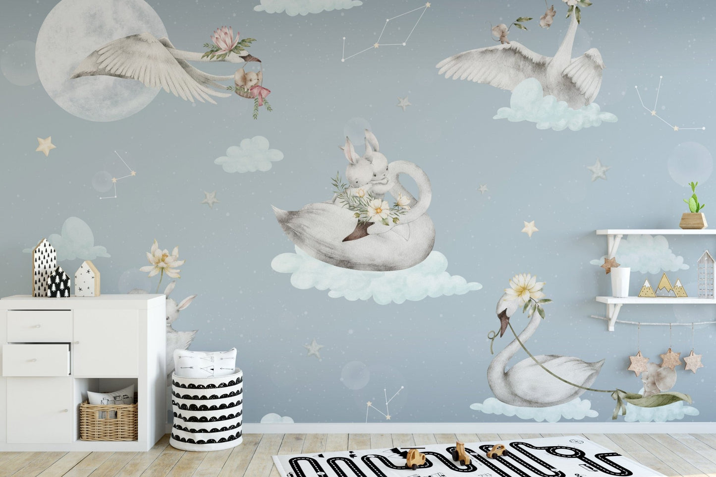 Celestial swans and bunnies wallpaper
