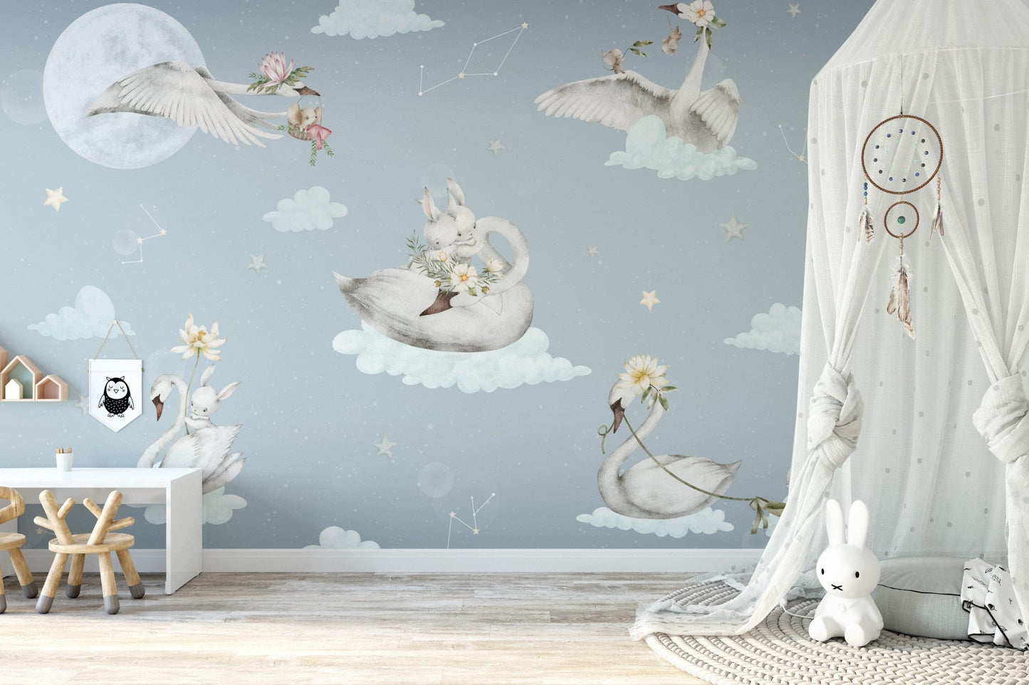 Swans and bunnies kids wallpaper
