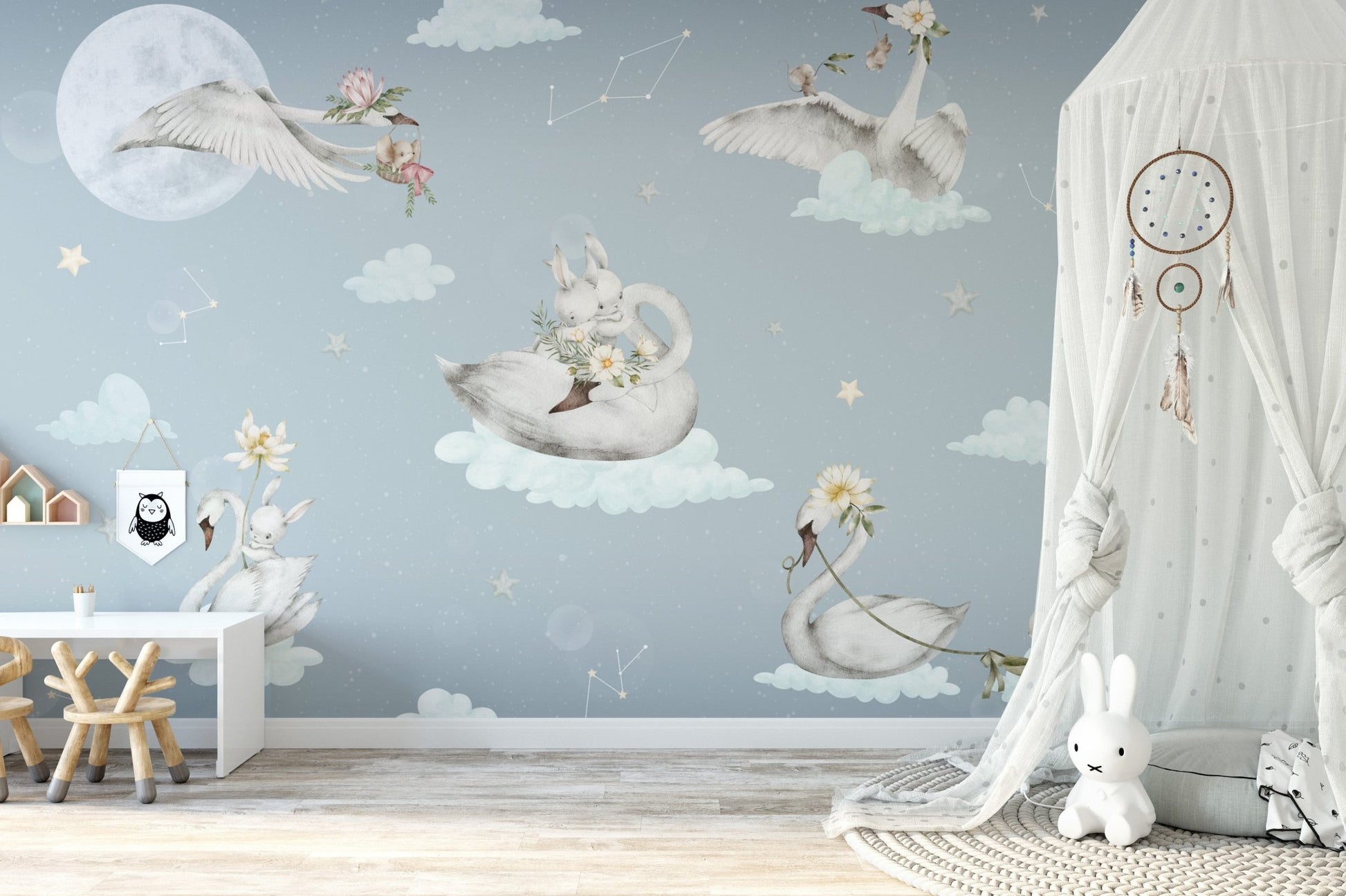 Whimsical swans and bunnies wallpaper

