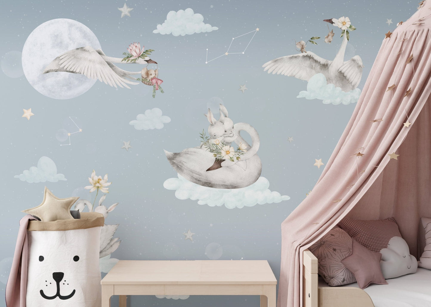 Dreamy swans and bunnies wall mural
