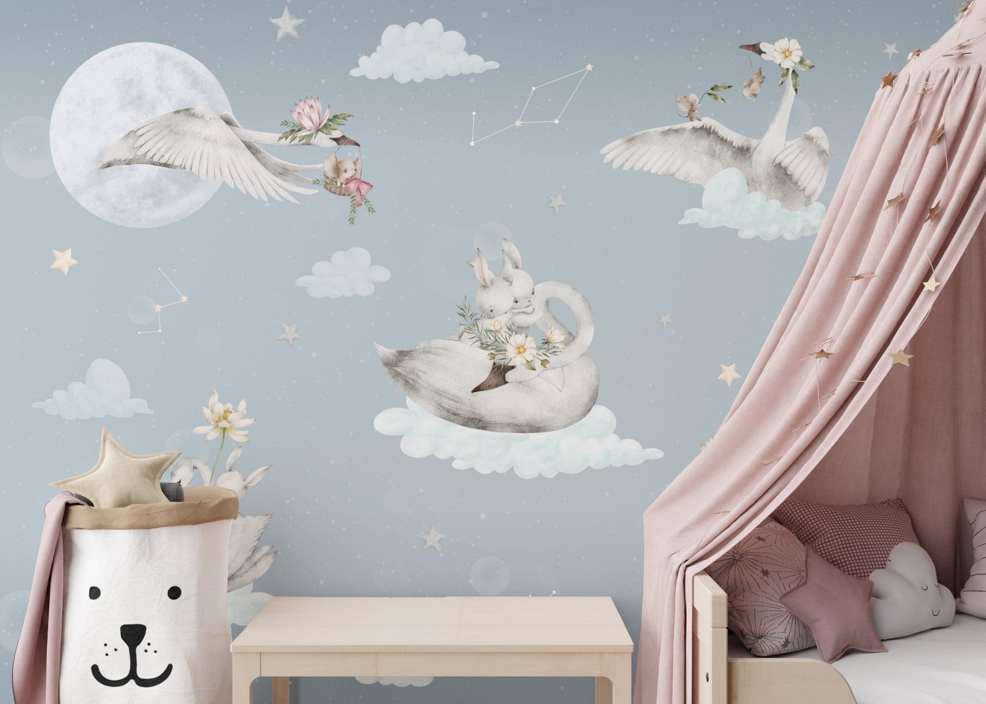 Dreamy swans and bunnies wall mural
