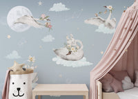 Dreamy swans and bunnies wall mural
