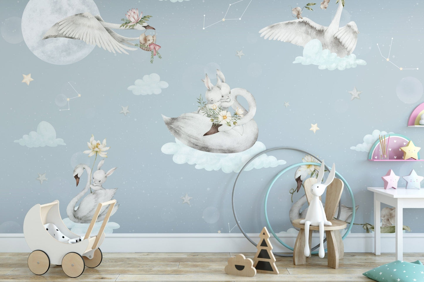 Floating animals kids room wallpaper
