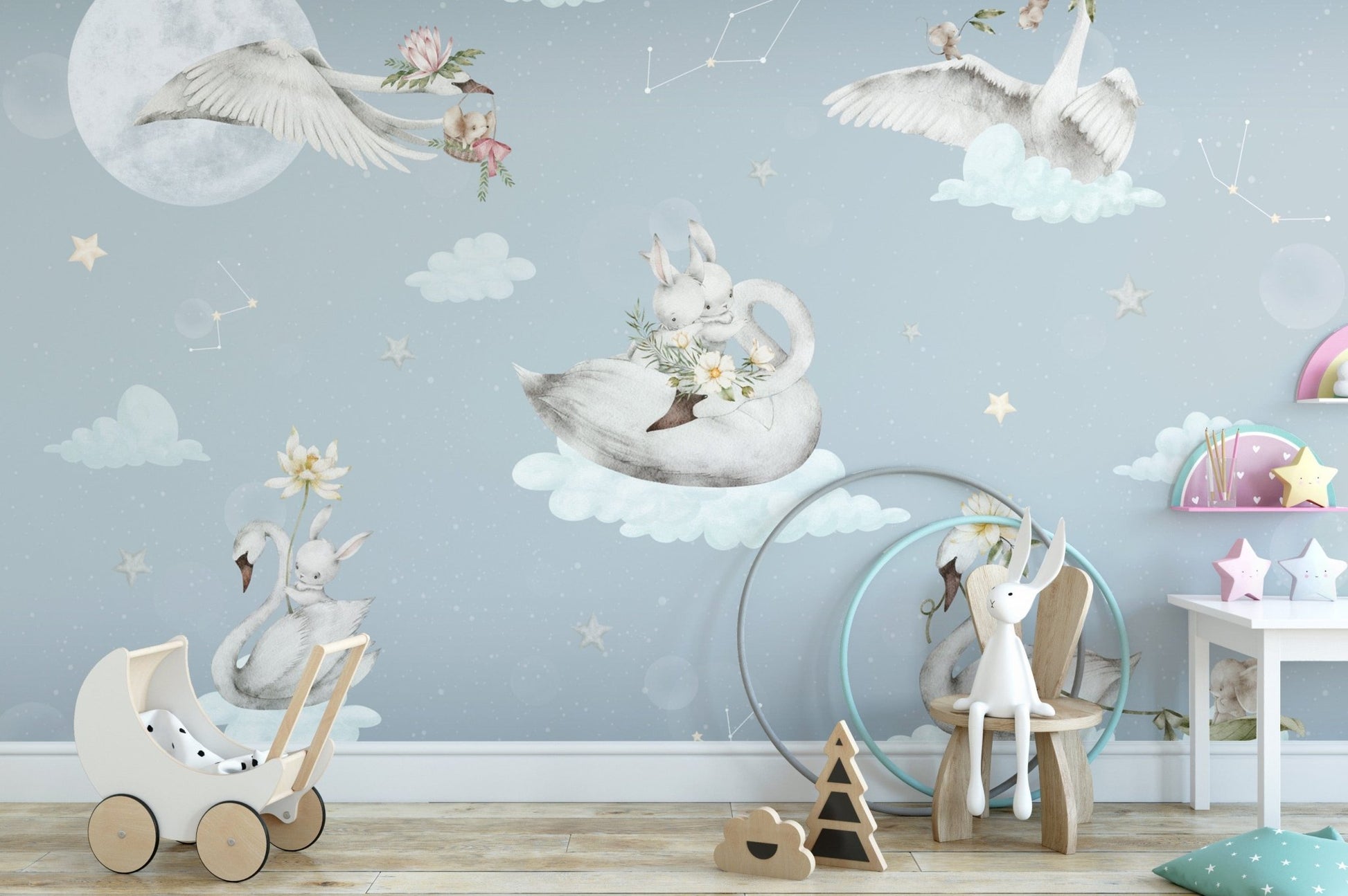 Floating animals kids room wallpaper
