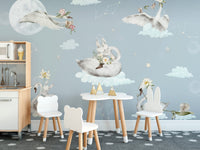 Night sky swans and bunnies mural
