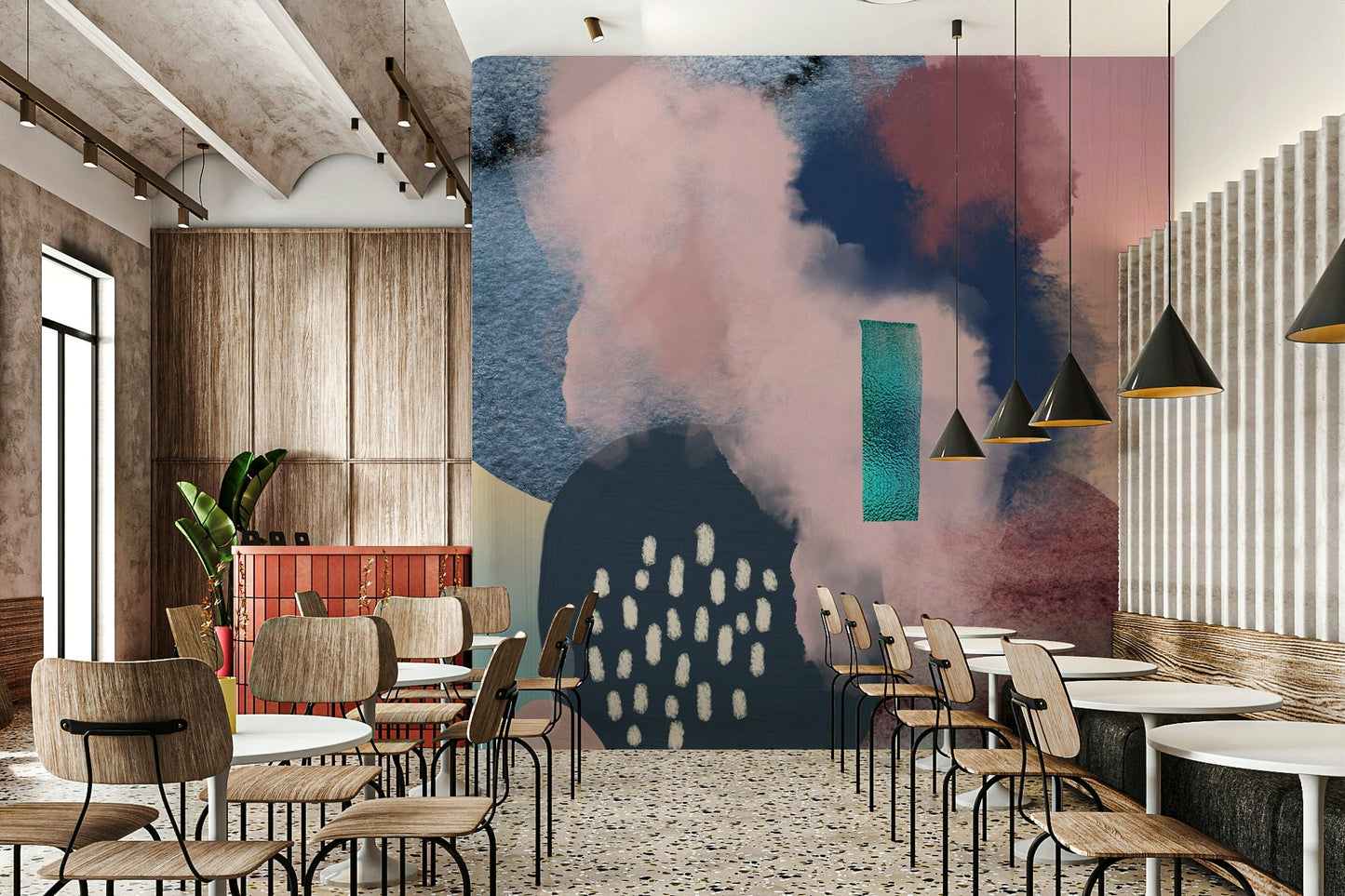 Calming abstract shapes in wall mural

