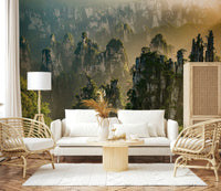 Majestic Woodland Peaks mural with soaring rock formations in fog.